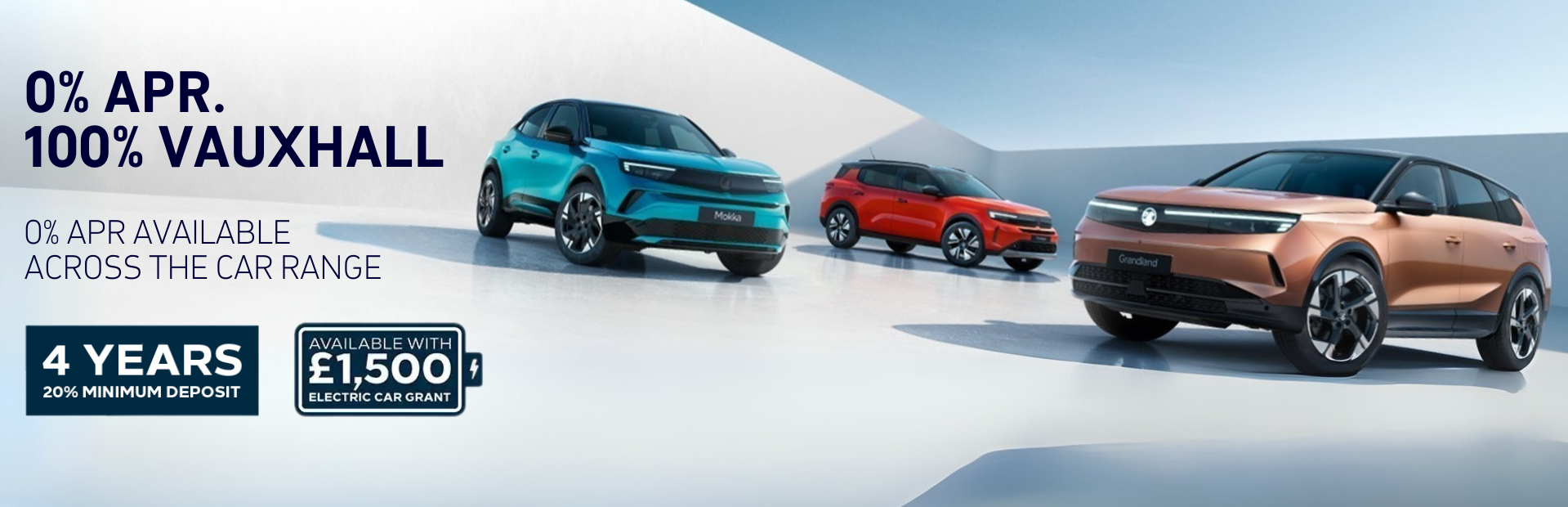 Three Vauxhall cars with text: 0% APR, 100% Vauxhall, and financing details.