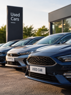 Row of used cars parked outside a dealership.
