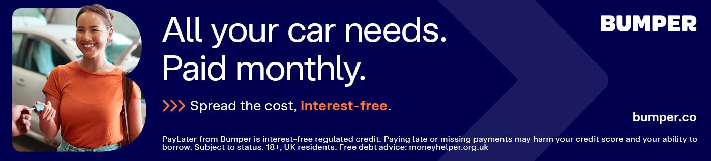 Woman smiling next to text: All your car needs. Paid monthly. Bumper logo and details.