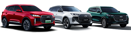 Three SUVs in red, white, and green, shown from the front and side.