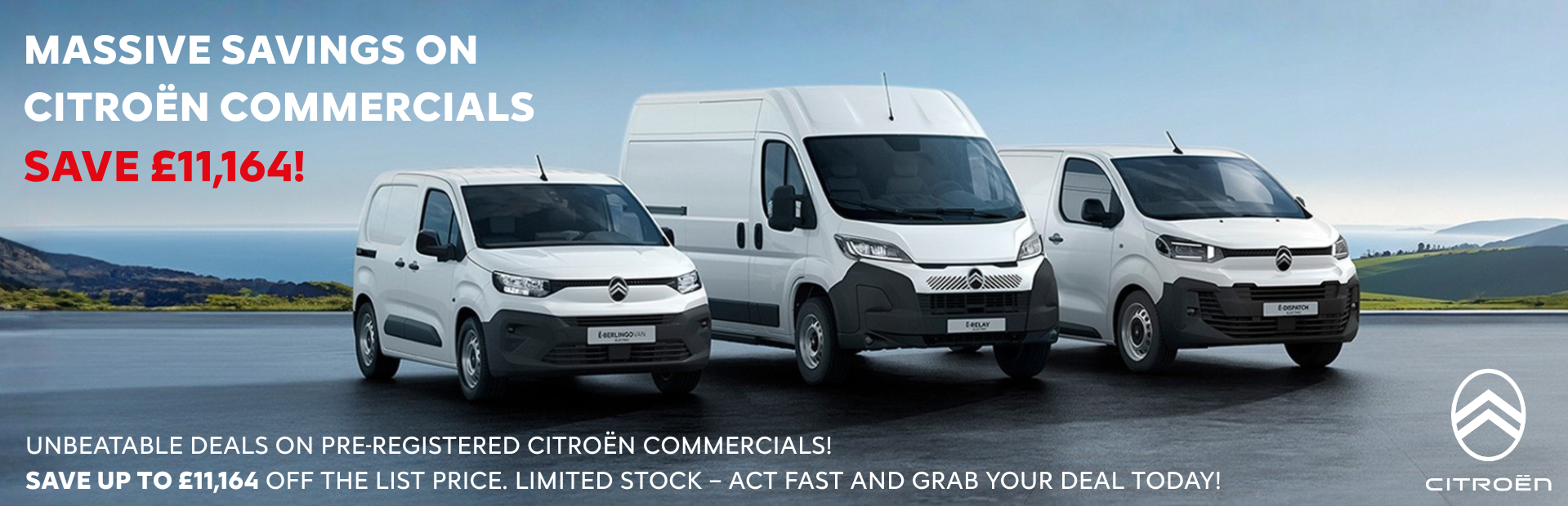 Three white Citroën commercial vans with promotional text on savings.