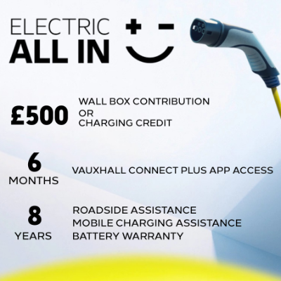 Electric vehicle offer details: £500 credit, 6 months app access, 8 years assistance.
