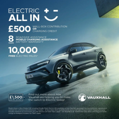 Promotional image for Vauxhall electric vehicle with details on offers and features.
