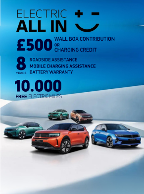 Four electric cars with offer details: £500 credit, 8-year warranty, 10,000 free electric miles.