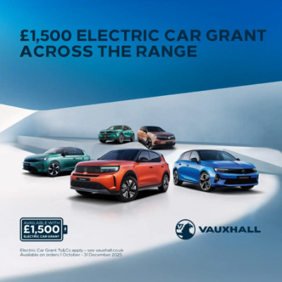 Five Vauxhall electric cars with text promoting a £1,500 grant across the range.