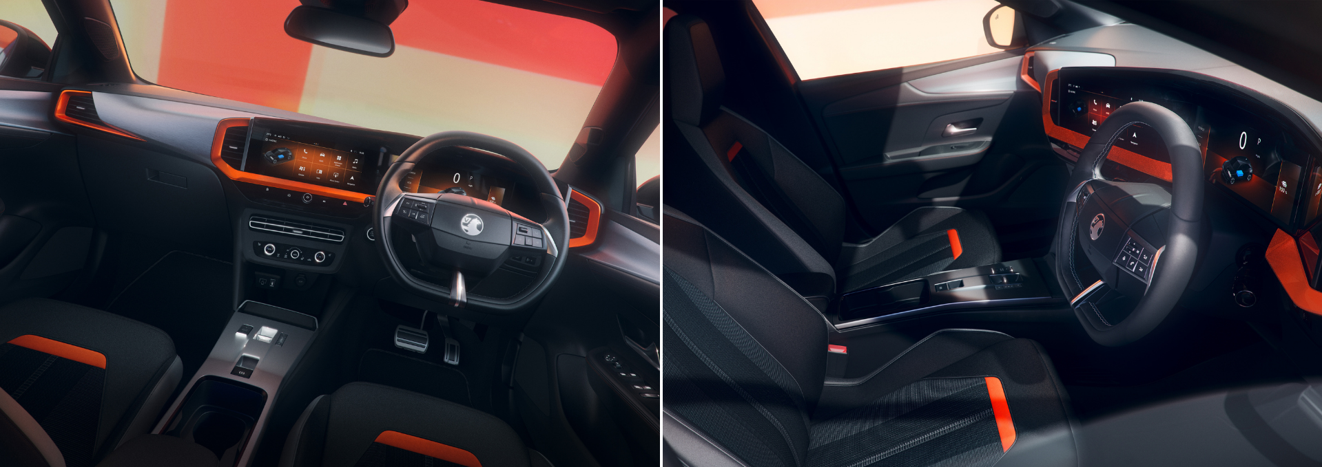 Dual images of a car interior showing the dashboard and steering wheel.