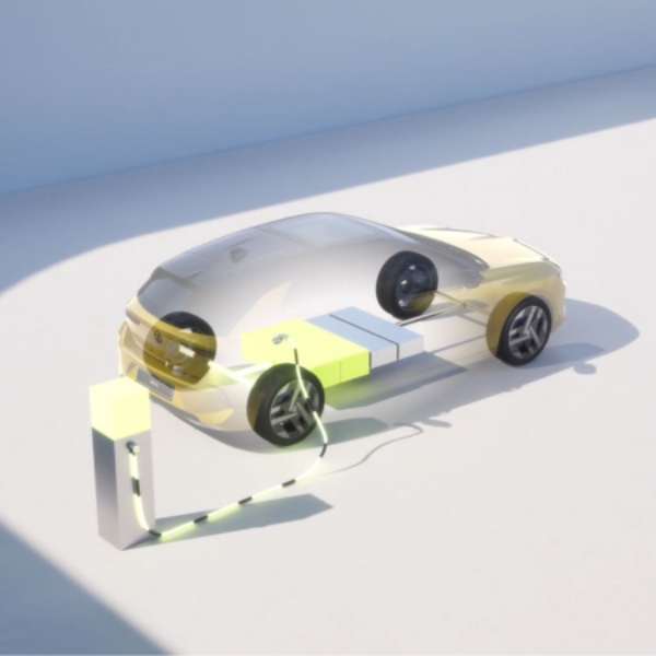 Transparent electric car model showing battery placement, charging at an electric charging station.