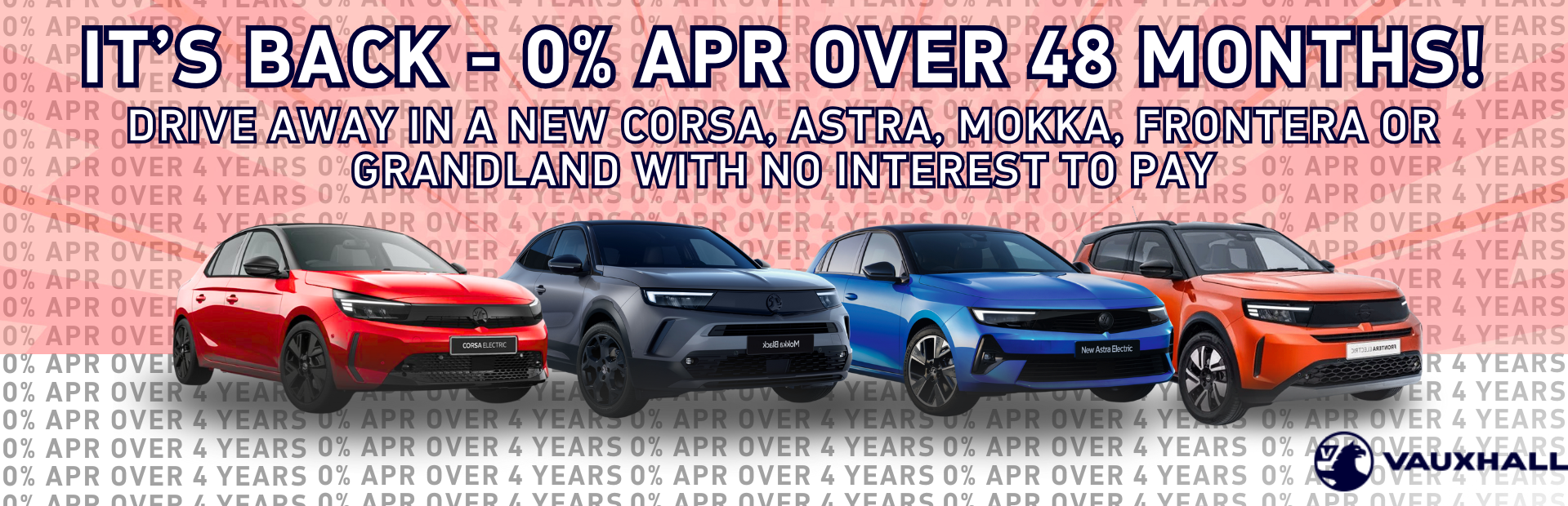 Vauxhall cars advertisement featuring no-interest offer over 48 months.
