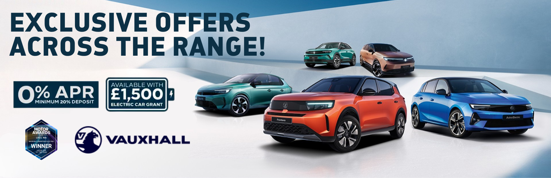 Vauxhall cars with offers, 0% APR and £1,500 grant. Motor awards badge displayed.