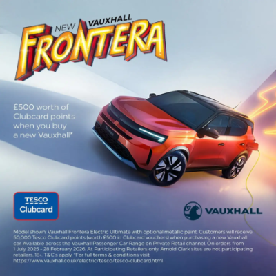 Vauxhall Frontera car promotion with Clubcard offer and retailer details.