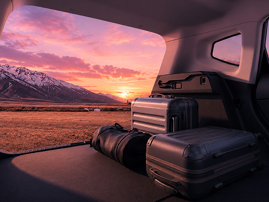 Luggage in car boot with a mountain view at sunset.