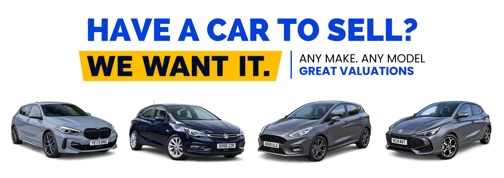 Four cars with text promoting car selling and valuations.