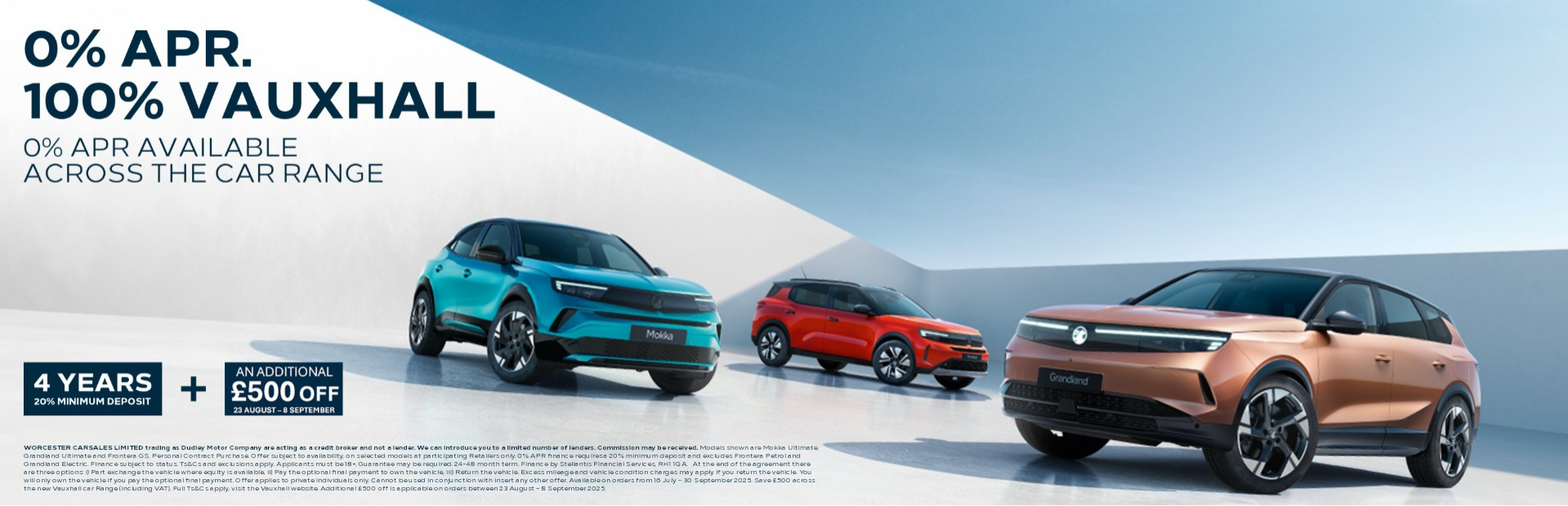 Vauxhall car range with 0% APR, featuring Mokka and Grandland models.