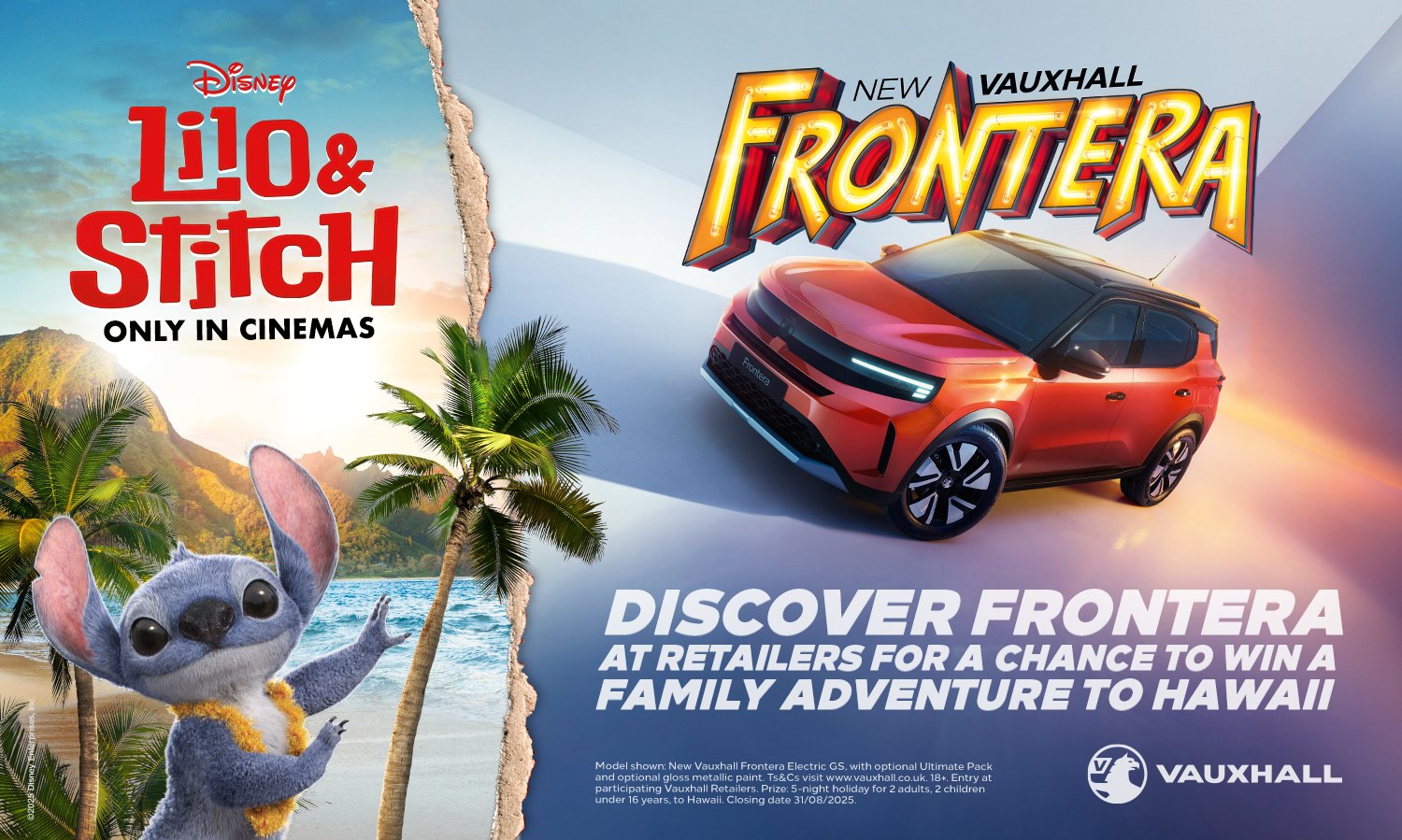 Lilo & Stitch promotion, red Vauxhall Frontera car, text about winning a trip to Hawaii.
