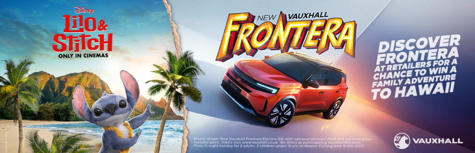 Lilo and Stitch cinema poster with Vauxhall Frontera, chance to win holiday to Hawaii.
