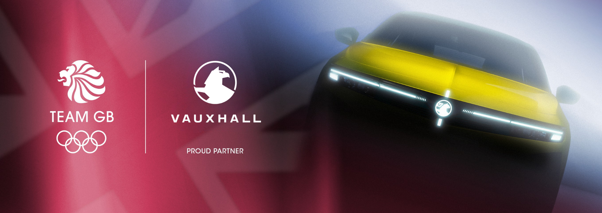 Yellow car with Team GB and Vauxhall logos, Proud Partner text; red and blue overlay.